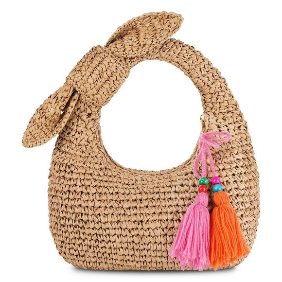 Straw Handbags Small Tote Purse Bow Knotted Straw Clutch With Tassels :[ - Picture 1 of 6